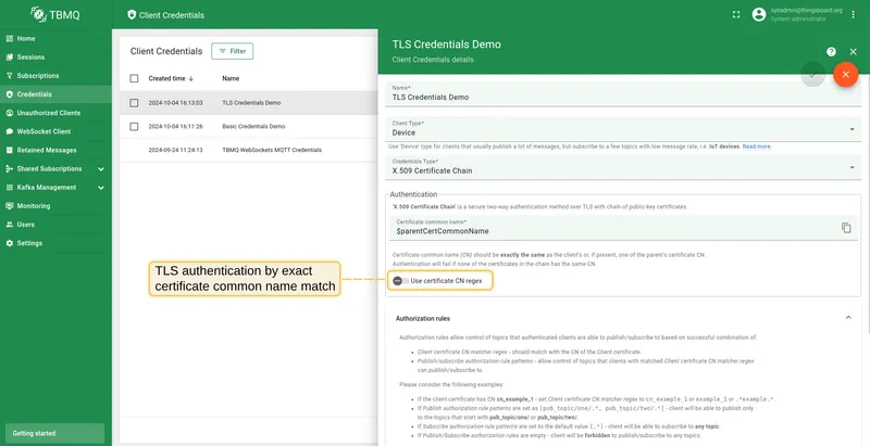 TLS authentication with Use certificate CN regex disabled — exact CN match