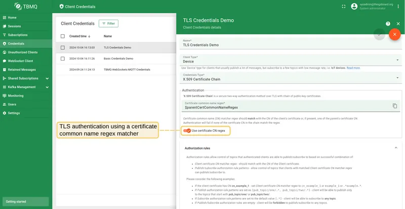 TLS authentication with Use certificate CN regex enabled — regex CN match